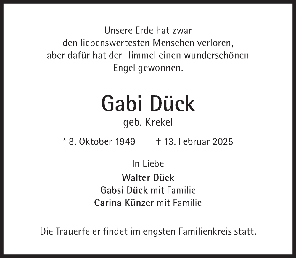  Traueranzeige für Gabi Dück vom 22.02.2025 aus Süddeutsche Zeitung