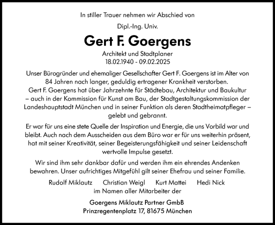 Traueranzeige von Gert F. Goergens von Süddeutsche Zeitung