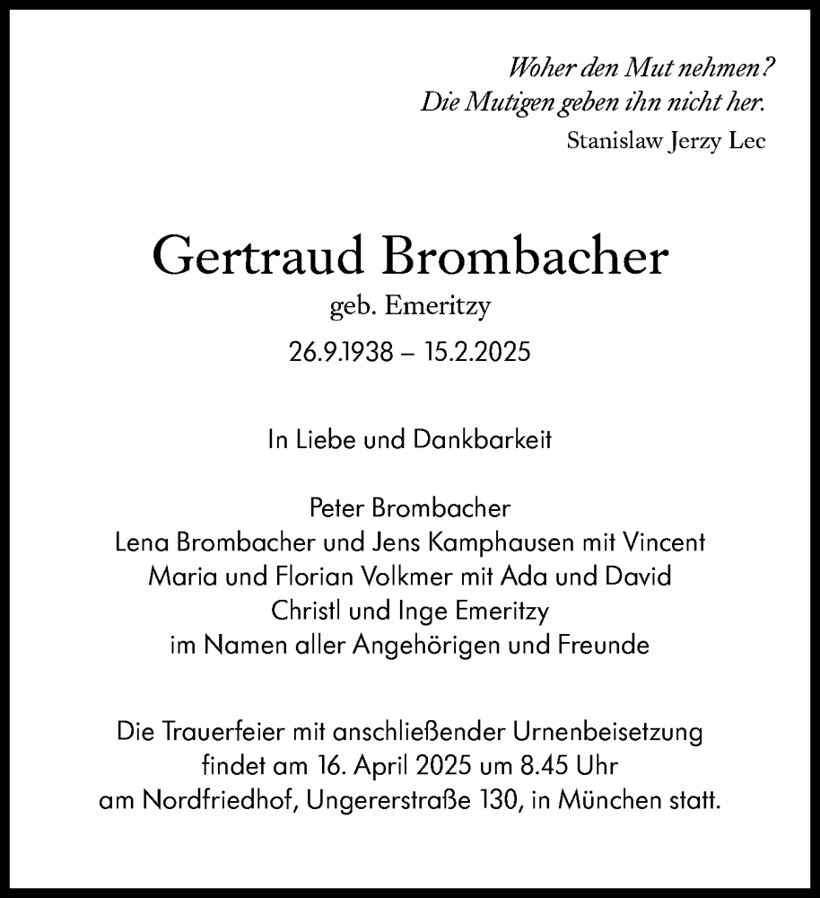  Traueranzeige für Gertraud Brombacher vom 22.03.2025 aus Süddeutsche Zeitung