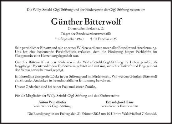 Traueranzeige von Günther Bitterwolf von Süddeutsche Zeitung