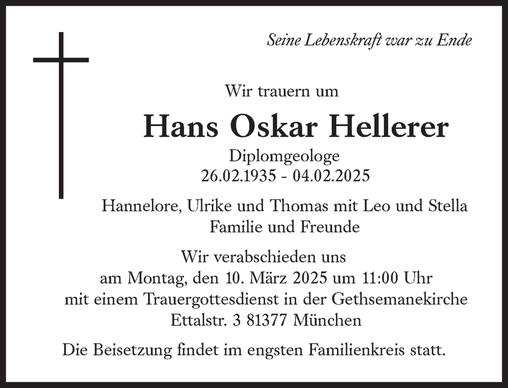  Traueranzeige für Hans Oskar Hellerer vom 22.02.2025 aus Süddeutsche Zeitung