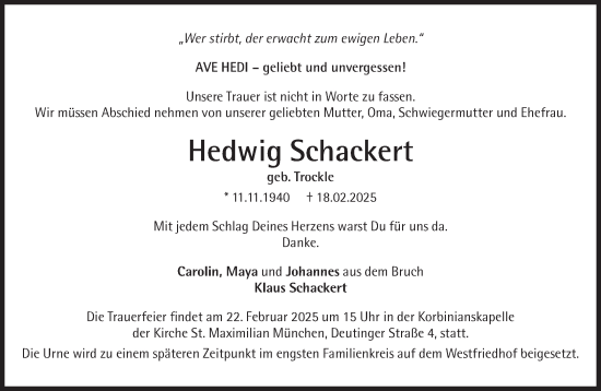 Traueranzeige von Hedwig Schackert von Süddeutsche Zeitung