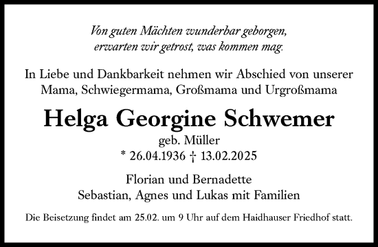 Traueranzeige von Helga Georgine Schwemer von Süddeutsche Zeitung