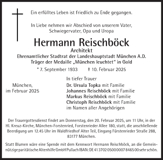 Traueranzeige von Hermann Reischböck von Süddeutsche Zeitung