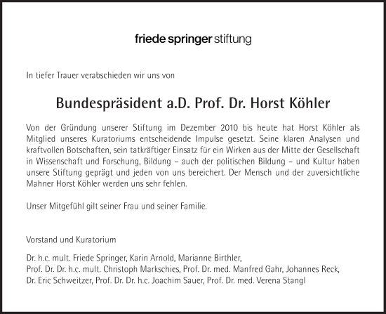 Traueranzeige von Horst Köhler von Süddeutsche Zeitung