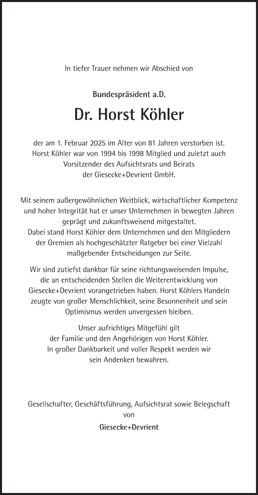 Traueranzeige von Horst Köhler von Süddeutsche Zeitung