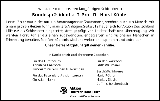 Traueranzeige von Horst Köhler von Süddeutsche Zeitung