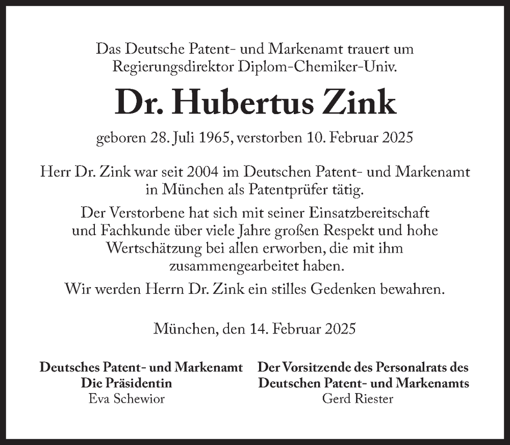  Traueranzeige für Hubertus Zink vom 19.02.2025 aus Süddeutsche Zeitung