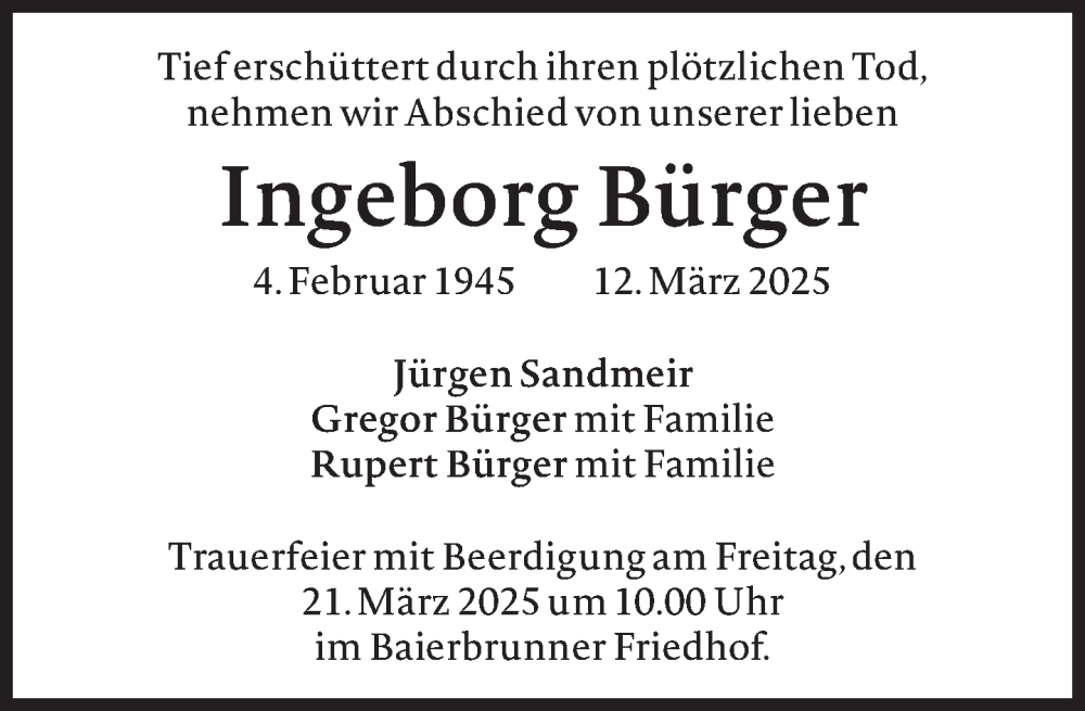  Traueranzeige für Ingeborg Bürger vom 19.03.2025 aus Süddeutsche Zeitung