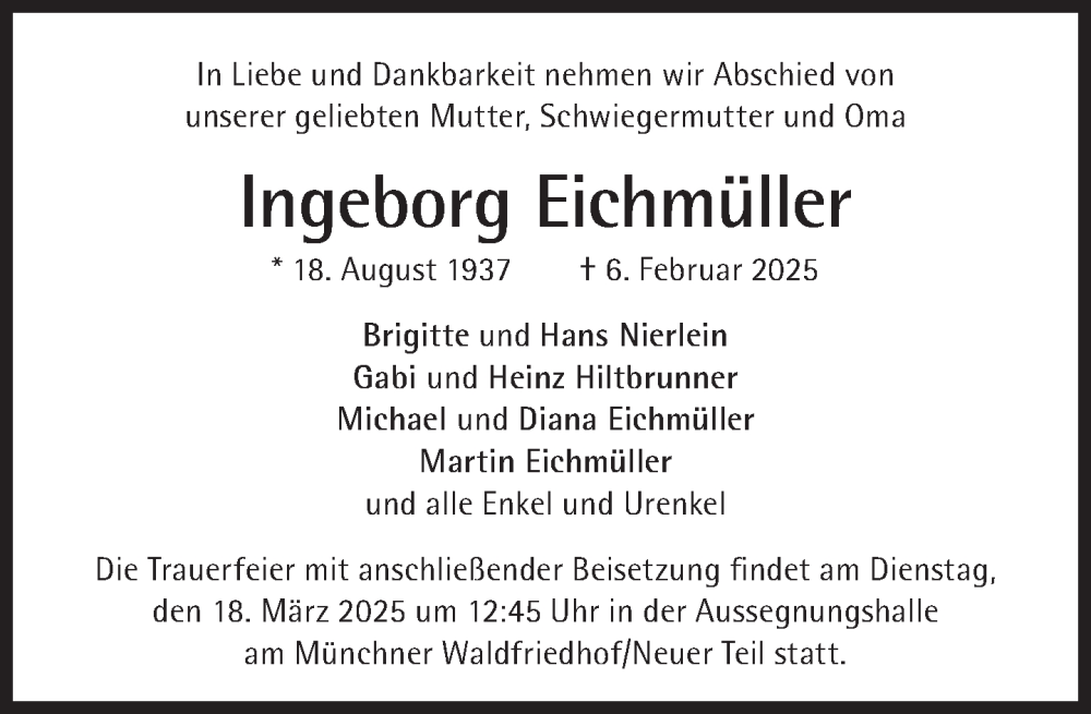  Traueranzeige für Ingeborg Eichmüller vom 08.03.2025 aus Süddeutsche Zeitung