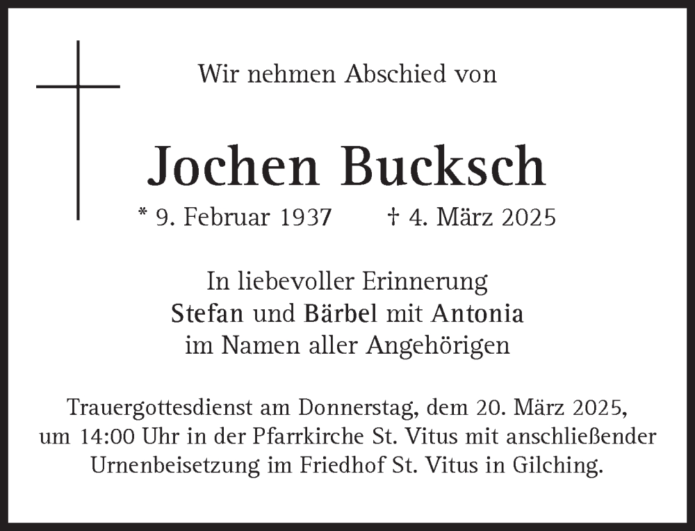  Traueranzeige für Jochen Bucksch vom 15.03.2025 aus Süddeutsche Zeitung