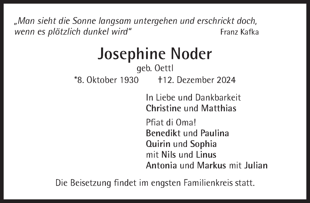  Traueranzeige für Josephine Noder vom 15.02.2025 aus Süddeutsche Zeitung