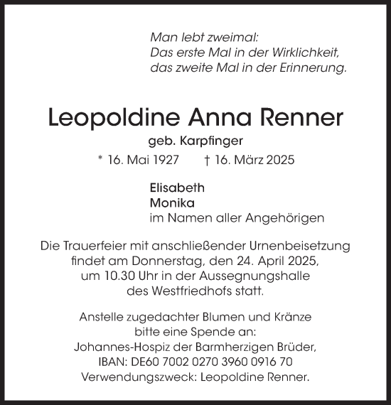 Traueranzeige von Leopoldine Anna Renner von Süddeutsche Zeitung