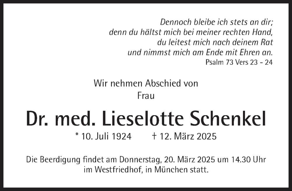  Traueranzeige für Lieselotte Schenkel vom 15.03.2025 aus Süddeutsche Zeitung