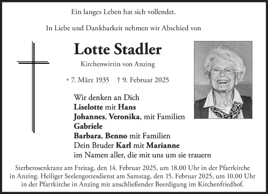 Traueranzeige von Lotte Stadler von Süddeutsche Zeitung