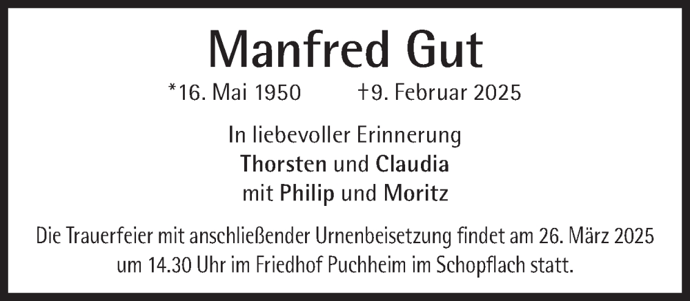  Traueranzeige für Manfred Gut vom 22.03.2025 aus Süddeutsche Zeitung