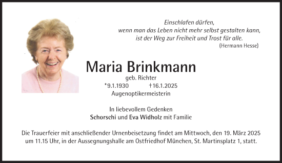 Traueranzeige von Maria Brinkmann von Süddeutsche Zeitung