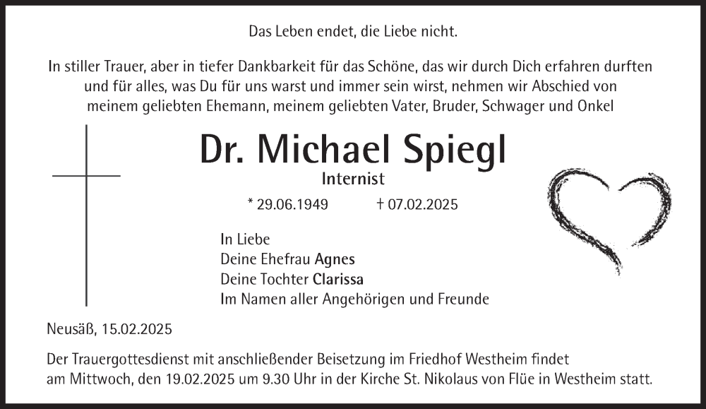  Traueranzeige für Michael Spiegl vom 15.02.2025 aus Süddeutsche Zeitung