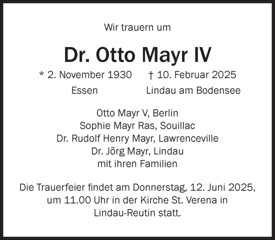 Traueranzeige von Otto Mayr IV von Süddeutsche Zeitung