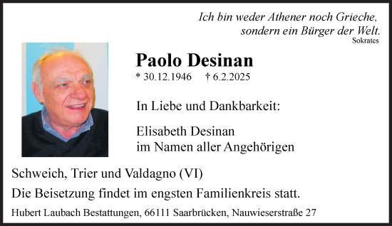 Traueranzeige von Paolo Desinan von Süddeutsche Zeitung