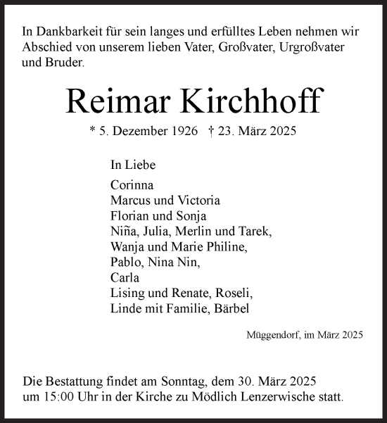Traueranzeige von Reimar Kirchhoff von Süddeutsche Zeitung