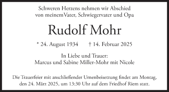Traueranzeige von Rudolf Mohr von Süddeutsche Zeitung