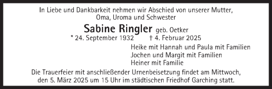 Traueranzeige von Sabine Ringler von Süddeutsche Zeitung