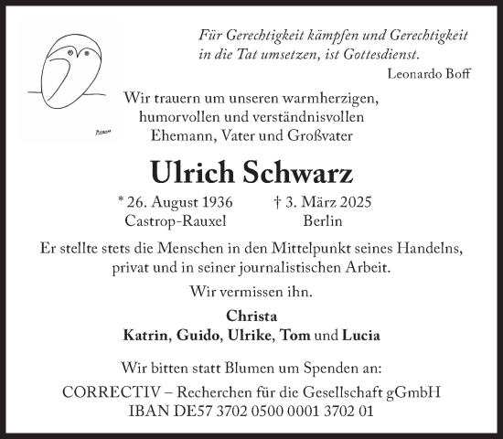 Traueranzeige von Ulrich Schwarz von Süddeutsche Zeitung
