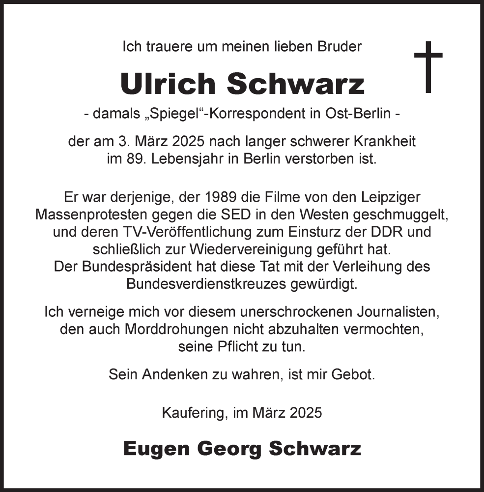  Traueranzeige für Ulrich Schwarz vom 08.03.2025 aus Süddeutsche Zeitung