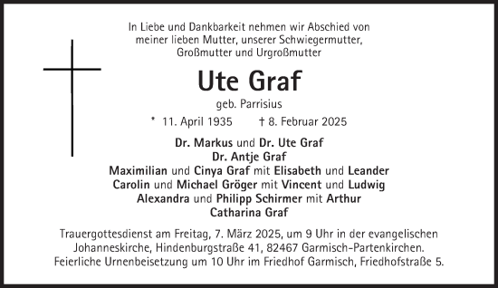 Traueranzeige von Ute Graf von Süddeutsche Zeitung