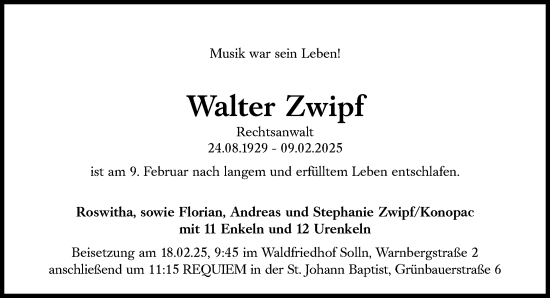 Traueranzeige von Walter Zwipf von Süddeutsche Zeitung