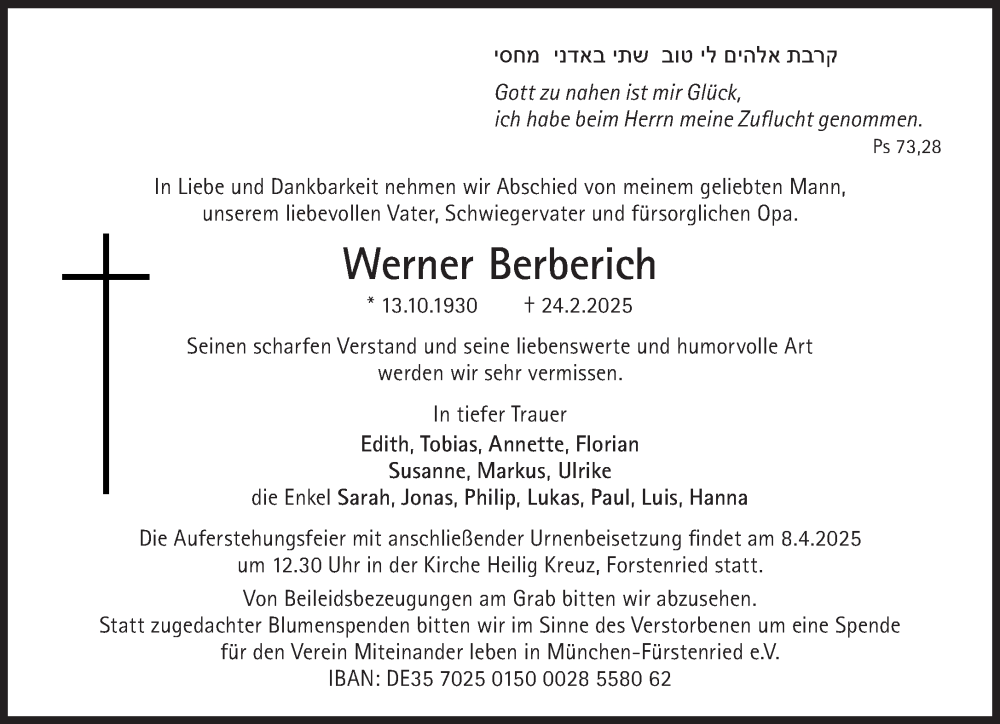  Traueranzeige für Werner Berberich vom 29.03.2025 aus Süddeutsche Zeitung