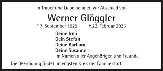 Traueranzeige von Werner Glöggler von Süddeutsche Zeitung