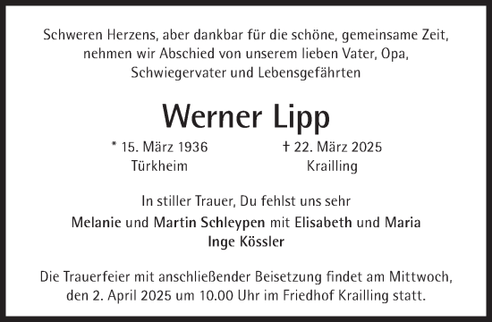 Traueranzeige von Werner Lipp von Süddeutsche Zeitung