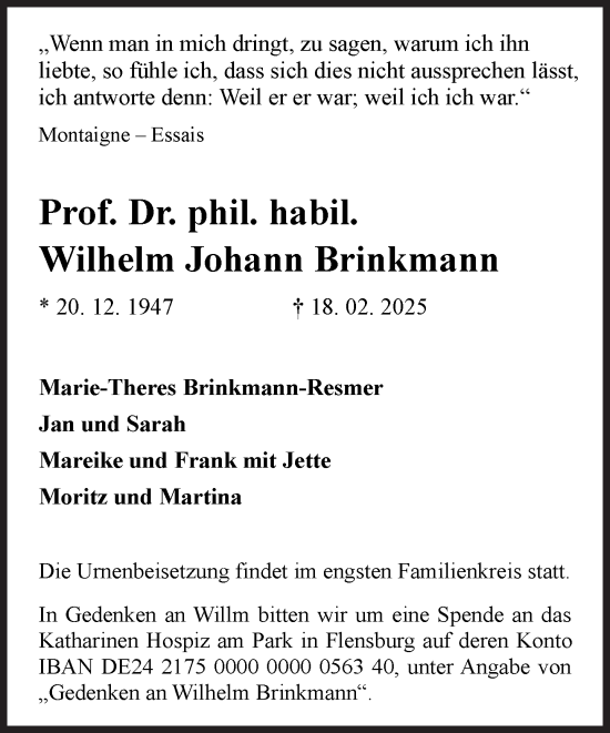 Traueranzeige von Wilhelm Johann Brinkmann von Süddeutsche Zeitung