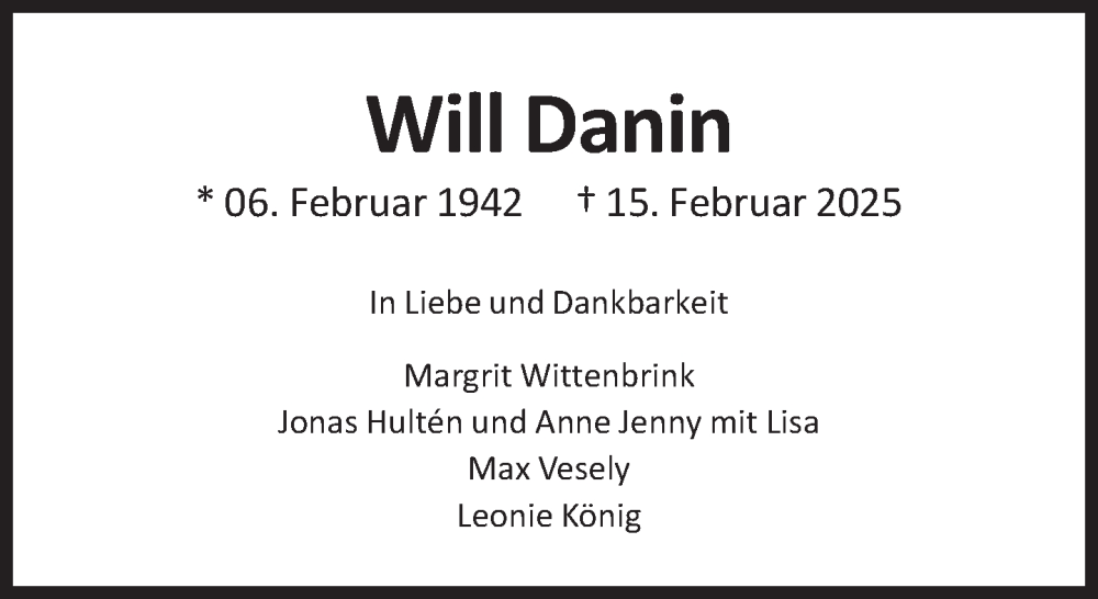  Traueranzeige für Will Danin vom 22.02.2025 aus Süddeutsche Zeitung