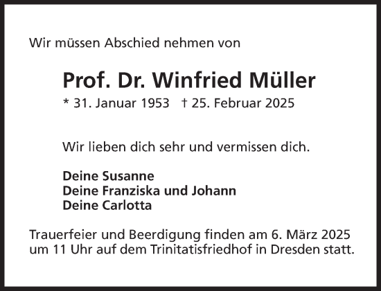 Traueranzeige von Winfried Müller von Süddeutsche Zeitung