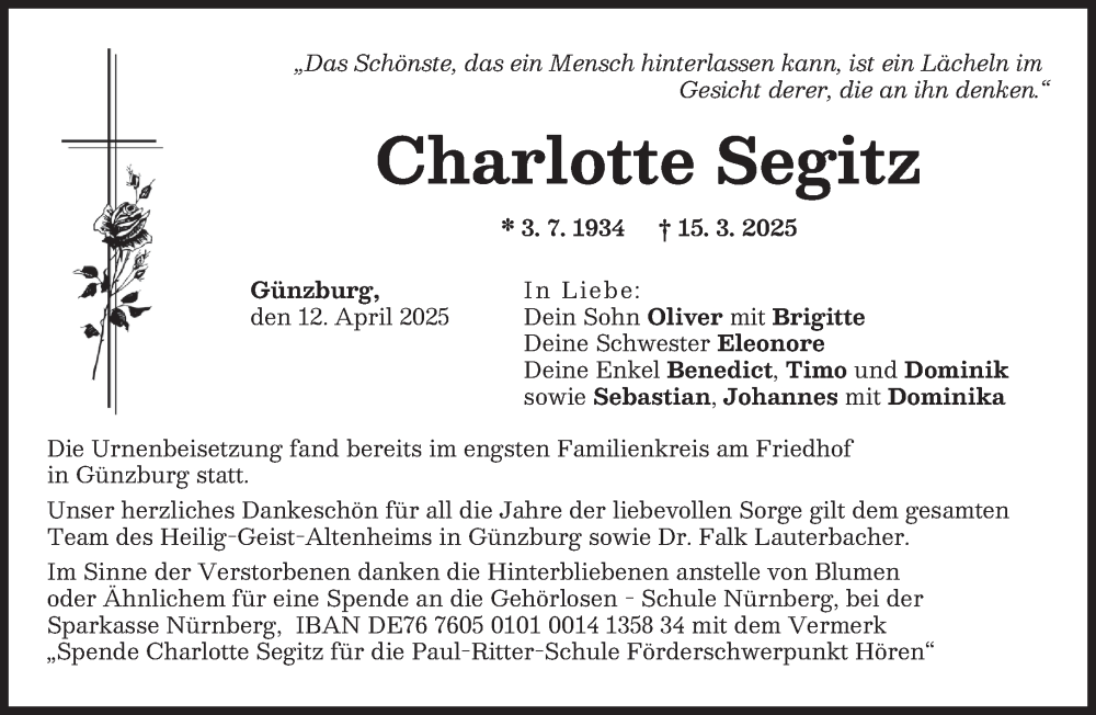  Traueranzeige für Charlotte Segitz vom 12.04.2025 aus Süddeutsche Zeitung