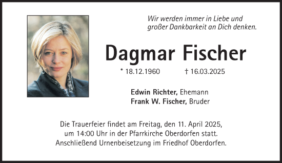 Traueranzeige von Dagmar Fischer von Süddeutsche Zeitung