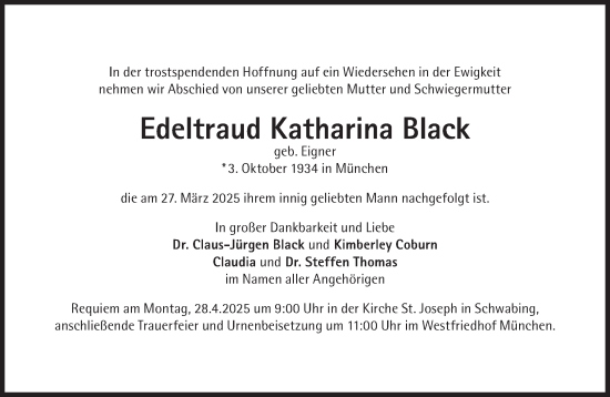 Traueranzeige von Edeltraud Katharina Black von Süddeutsche Zeitung