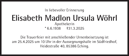Traueranzeige von Elisabeth Madlon Ursula Wöhr von Süddeutsche Zeitung
