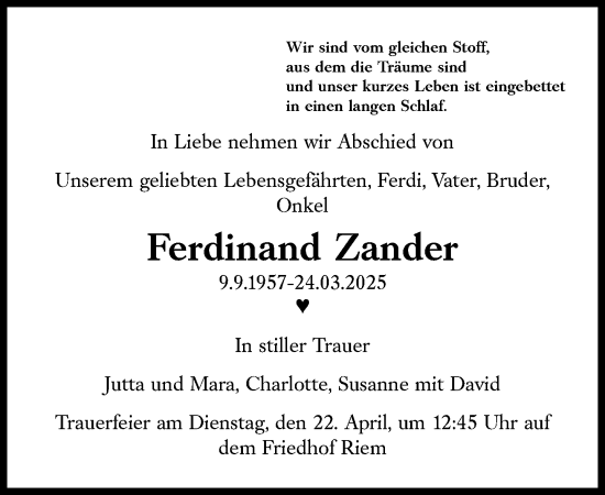 Traueranzeige von Ferdinand Zander von Süddeutsche Zeitung