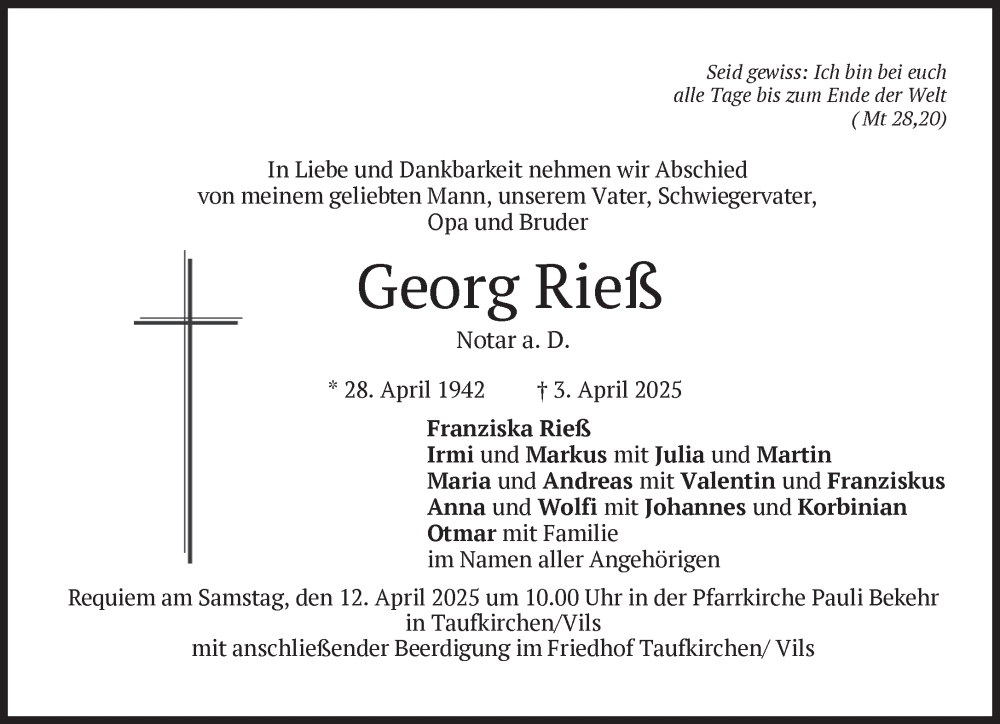  Traueranzeige für Georg Rieß vom 09.04.2025 aus Süddeutsche Zeitung