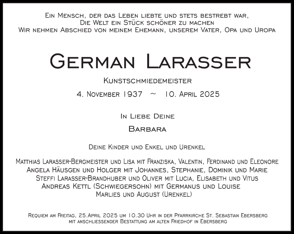  Traueranzeige für German Larasser vom 19.04.2025 aus Süddeutsche Zeitung