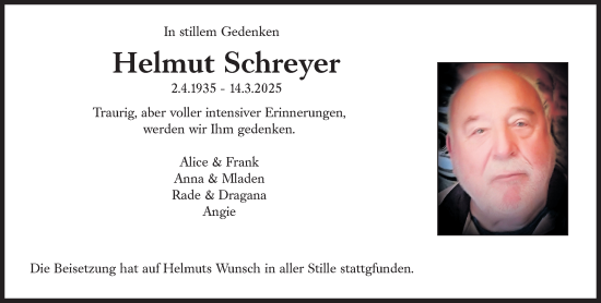 Traueranzeige von Helmut Schreyer von Süddeutsche Zeitung