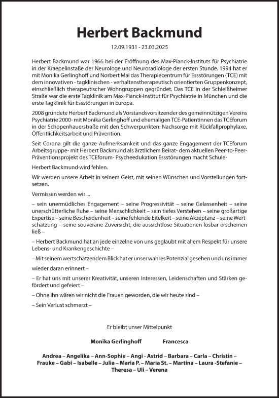 Traueranzeige von Herbert Backmund von Süddeutsche Zeitung