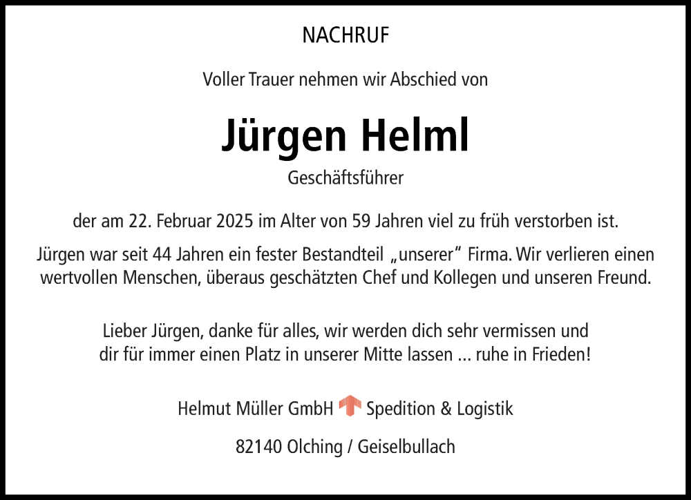  Traueranzeige für Jürgen Helml vom 12.04.2025 aus Süddeutsche Zeitung