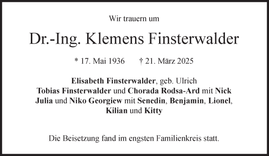 Traueranzeige von Klemens Finsterwalder von Süddeutsche Zeitung