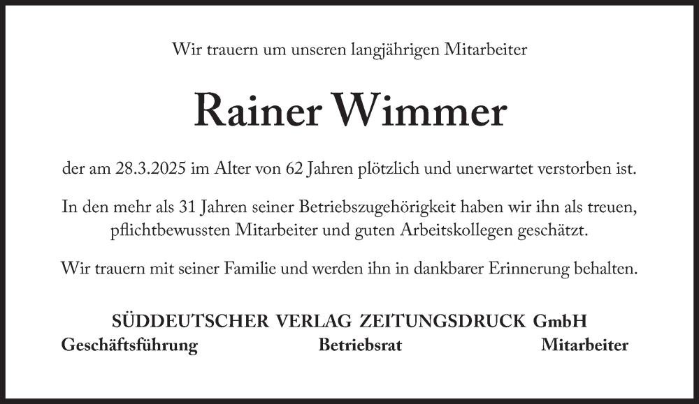  Traueranzeige für Rainer Wimmer vom 07.04.2025 aus Süddeutsche Zeitung