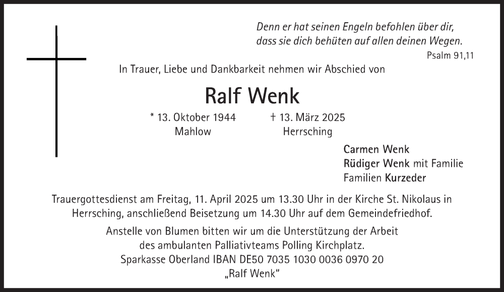  Traueranzeige für Ralf Wenk vom 05.04.2025 aus Süddeutsche Zeitung
